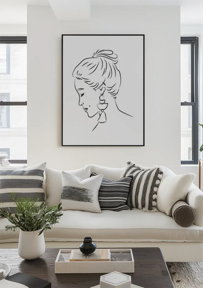 Vrouw Profiel Opgestoken Haar Oorbel Lijntekening Elegant Portret Schilderij