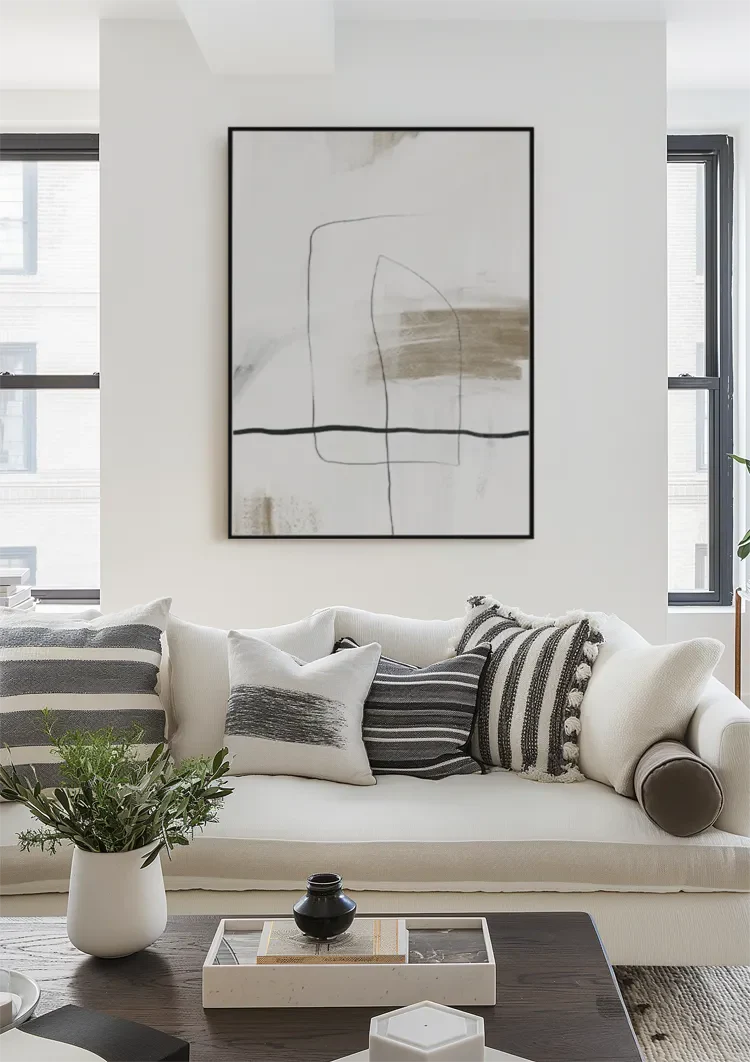 Beige horizontale Pinselstriche Schwarze Linien Abstrakt Minimalistisches Gemälde