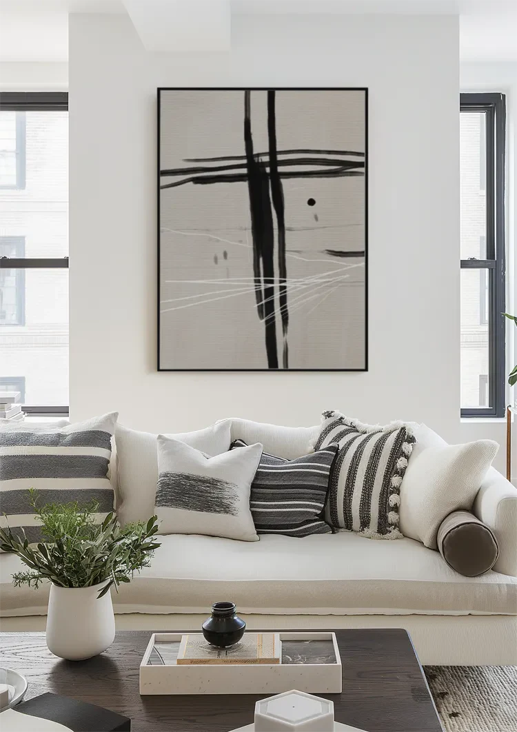Black Cross Brushstrokes Beige Abstract Expressive Minimalist Art Painting