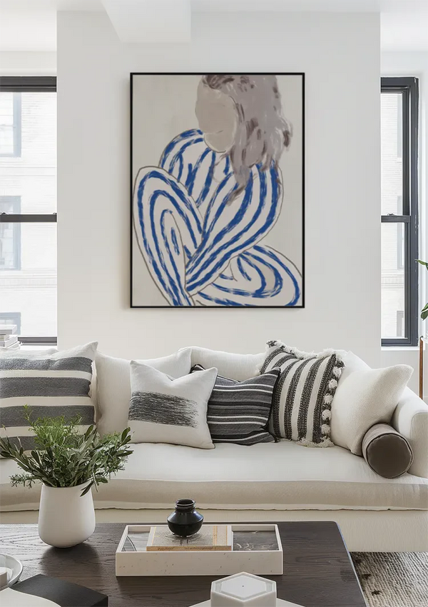 Frau Blaue Gestreifte Linien Abstrakt Figur Modern Expressionistisches Gemälde