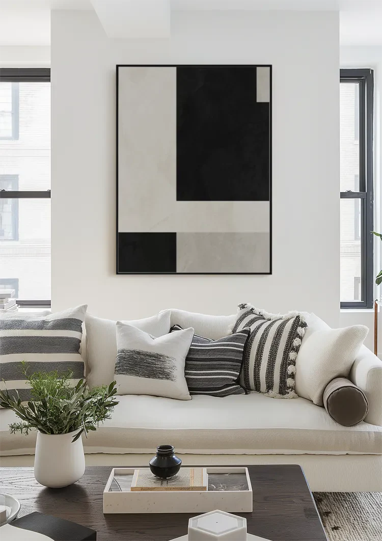 Geometrische Abstrakte Komposition Schwarz Weiß Beige Minimalistisches Gemälde