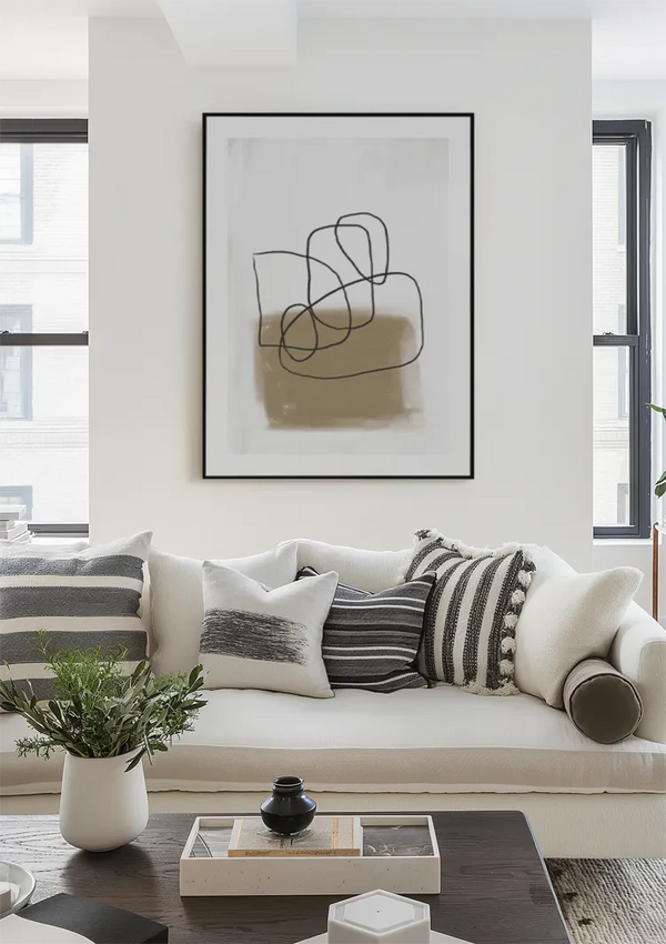 Verspielte Abstrakte Linienzeichnung Schwarz Beige Minimalistisches Gemälde