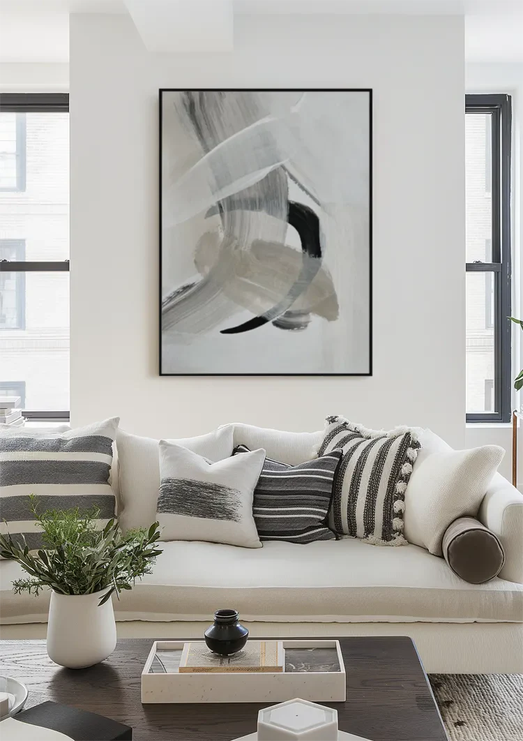 Abstracte Neutrale Penseelstreken Zwart Wit Expressionistisch Schilderij