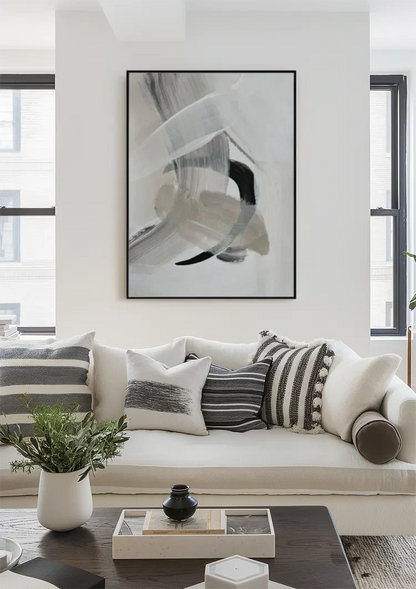 Abstracte Neutrale Penseelstreken Zwart Wit Expressionistisch Schilderij