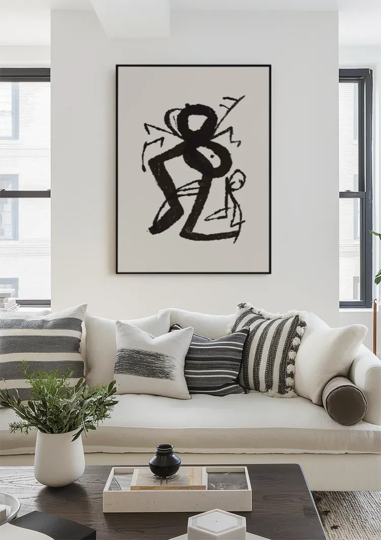 Grafische Figuren Zwarte Inkt Primitief Expressief Beige Schilderij