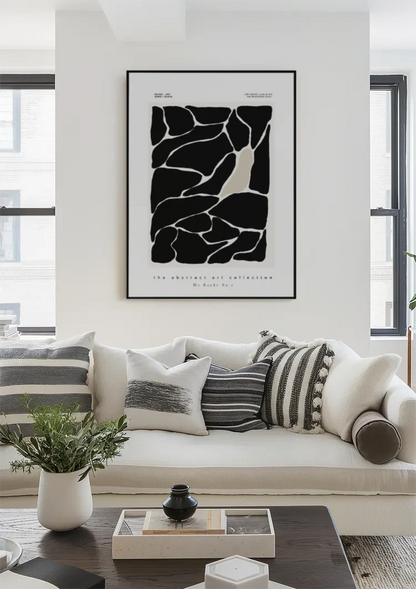 Abstrakte schwarze Felsen, weiße Linien, organisches modernes Gemälde