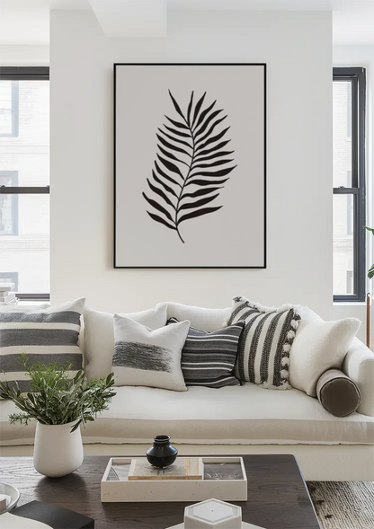 Zwart Palmblad Botanisch Minimalistisch Beige Achtergrond Schilderij