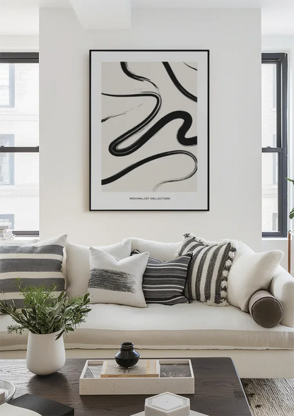 Black Flowing Lines Abstract White Modern Painting