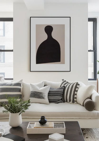 Schwarze Bauernfigur Silhouette Beiger Hintergrund Grafisches Minimalistisches Gemälde