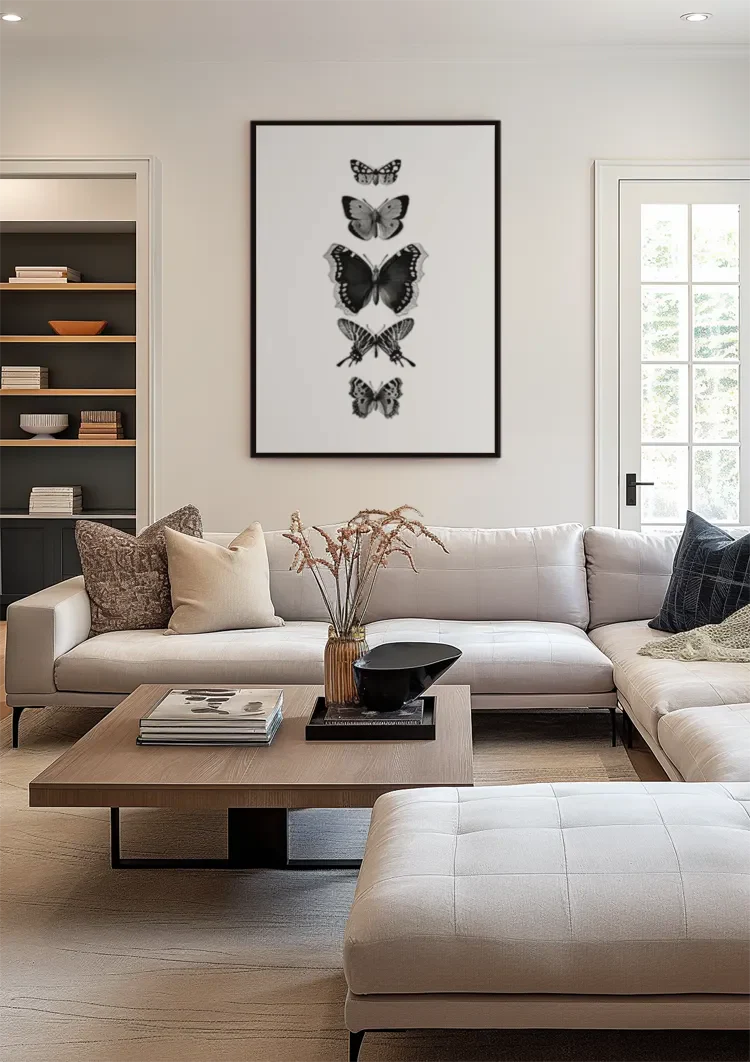 Vijf Verschillende Vlinders Verticaal Rij Zwart Wit Botanisch Natuur Schilderij