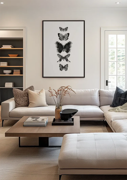 Vijf Verschillende Vlinders Verticaal Rij Zwart Wit Botanisch Natuur Schilderij