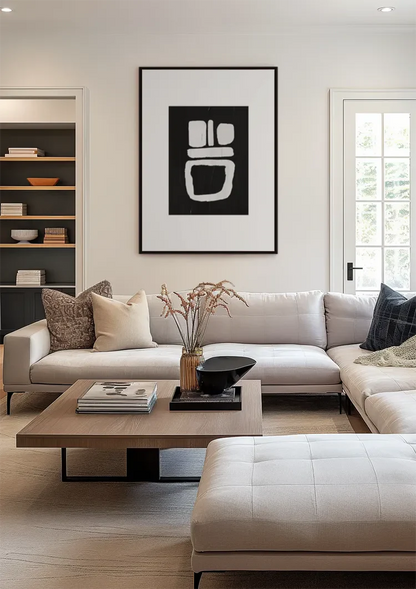 Weiße geometrische Formen, schwarzes, minimalistisches, abstraktes Kunstgemälde