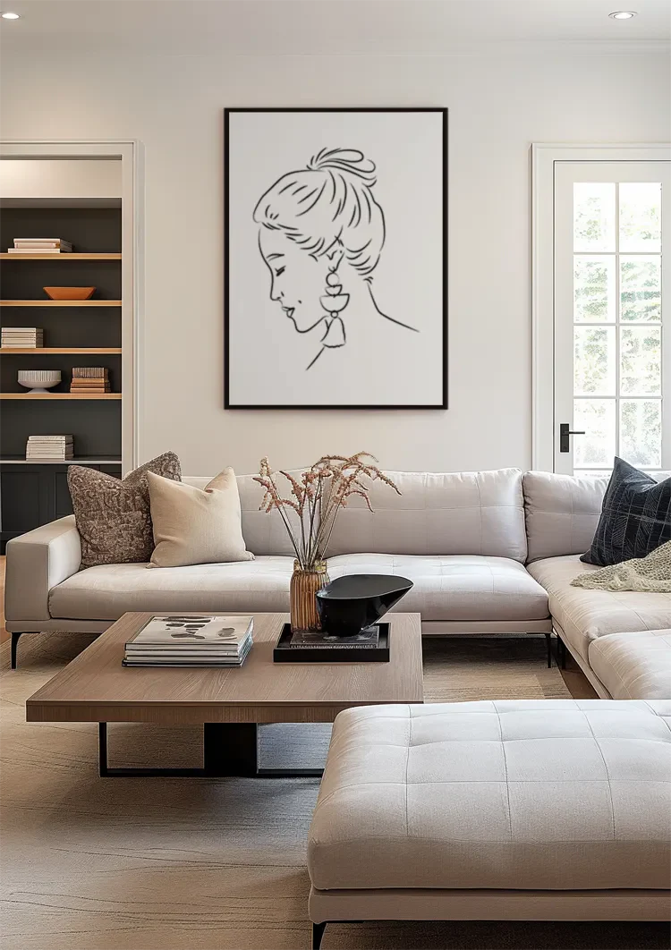 Vrouw Profiel Opgestoken Haar Oorbel Lijntekening Elegant Portret Schilderij