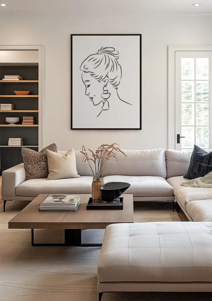 Vrouw Profiel Opgestoken Haar Oorbel Lijntekening Elegant Portret Schilderij