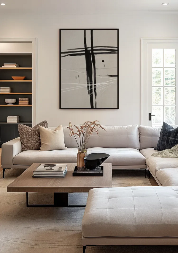 Black Cross Brushstrokes Beige Abstract Expressive Minimalist Art Painting