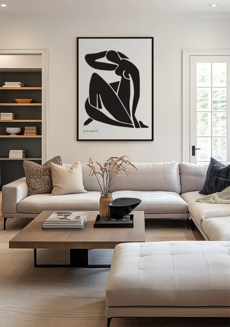 Weibliche Silhouette sitzend Schwarz Weiß Minimalistisch Elegant Gemälde