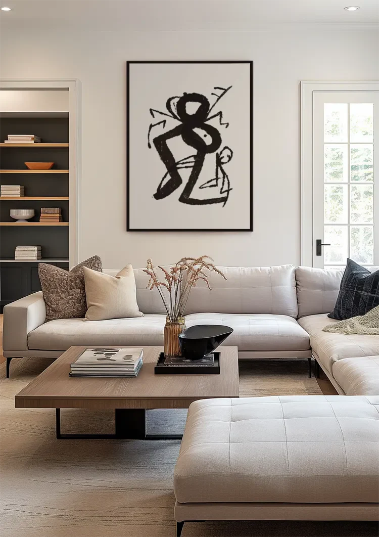 Grafische Figuren Zwarte Inkt Primitief Expressief Beige Schilderij