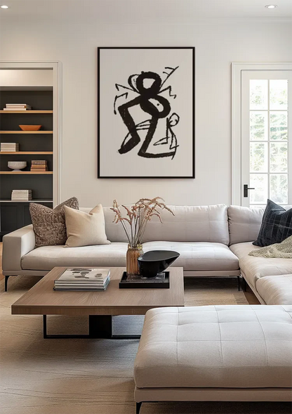 Grafische Figuren Zwarte Inkt Primitief Expressief Beige Schilderij