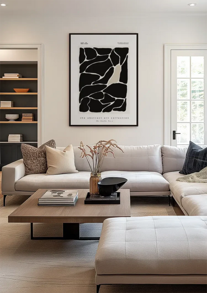 Abstrakte schwarze Felsen, weiße Linien, organisches modernes Gemälde