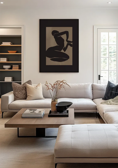 Black Silhouette Female Figure Kneeling Matisse Style Beige Painting