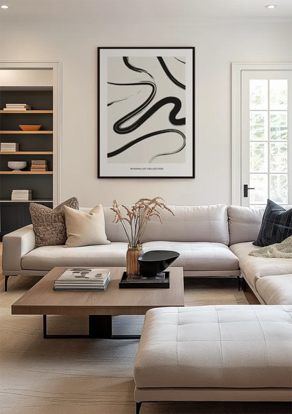 Black Flowing Lines Abstract White Modern Painting