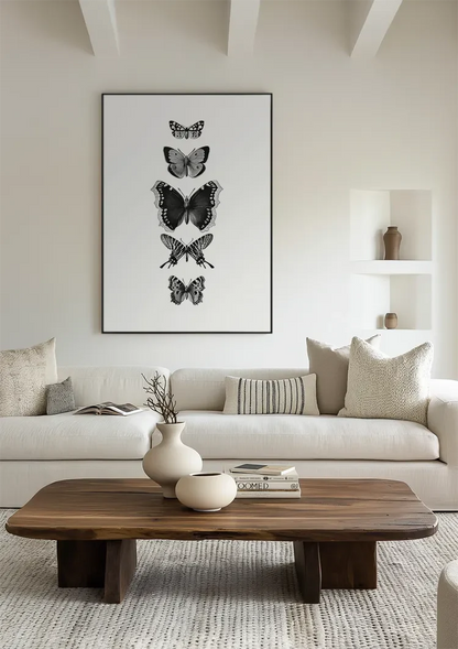Vijf Verschillende Vlinders Verticaal Rij Zwart Wit Botanisch Natuur Schilderij