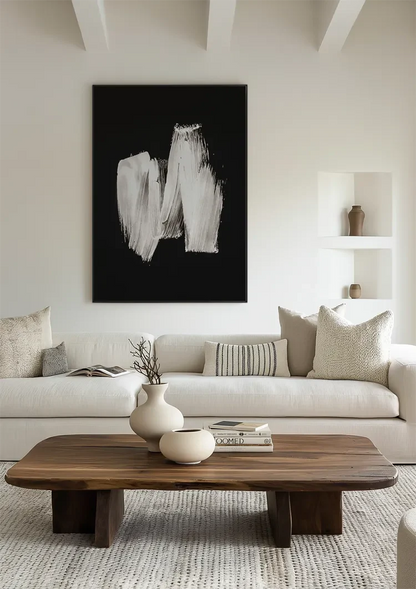 White Paint Strokes Black Abstract Expressive Gestural Art Painting
