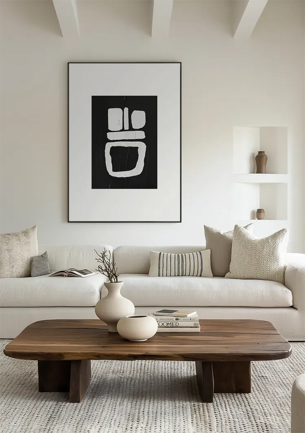 Weiße geometrische Formen, schwarzes, minimalistisches, abstraktes Kunstgemälde