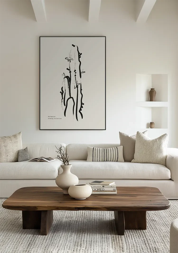 Geschilderde Cactus Zwarte Lijnen Beige Achtergrond Minimalistisch Schilderij