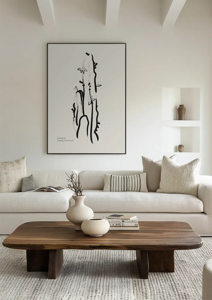 Geschilderde Cactus Zwarte Lijnen Beige Achtergrond Minimalistisch Schilderij