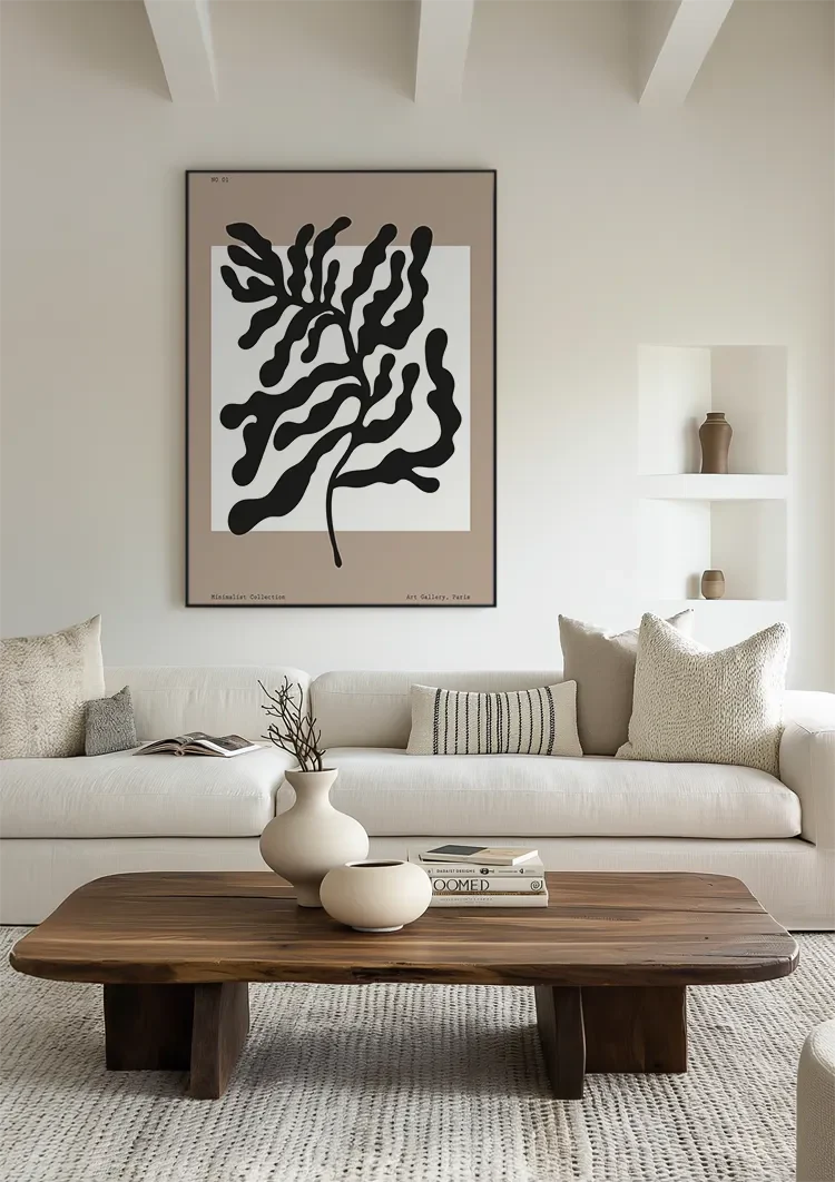 Zwarte Abstracte Bladvormen Beige Expressief Organisch Botanisch Kunst Schilderij