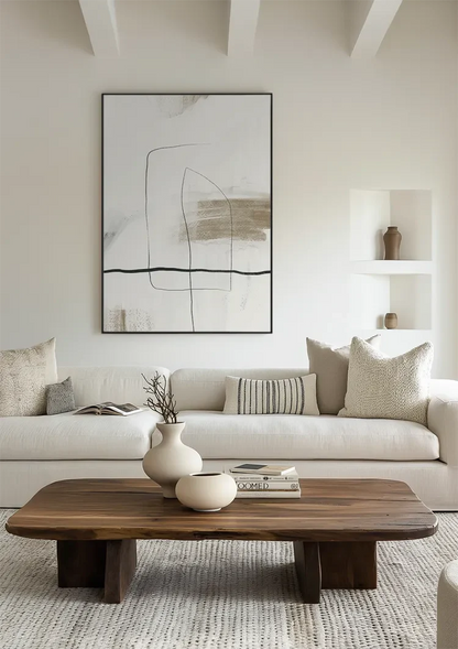 Beige horizontale Pinselstriche Schwarze Linien Abstrakt Minimalistisches Gemälde