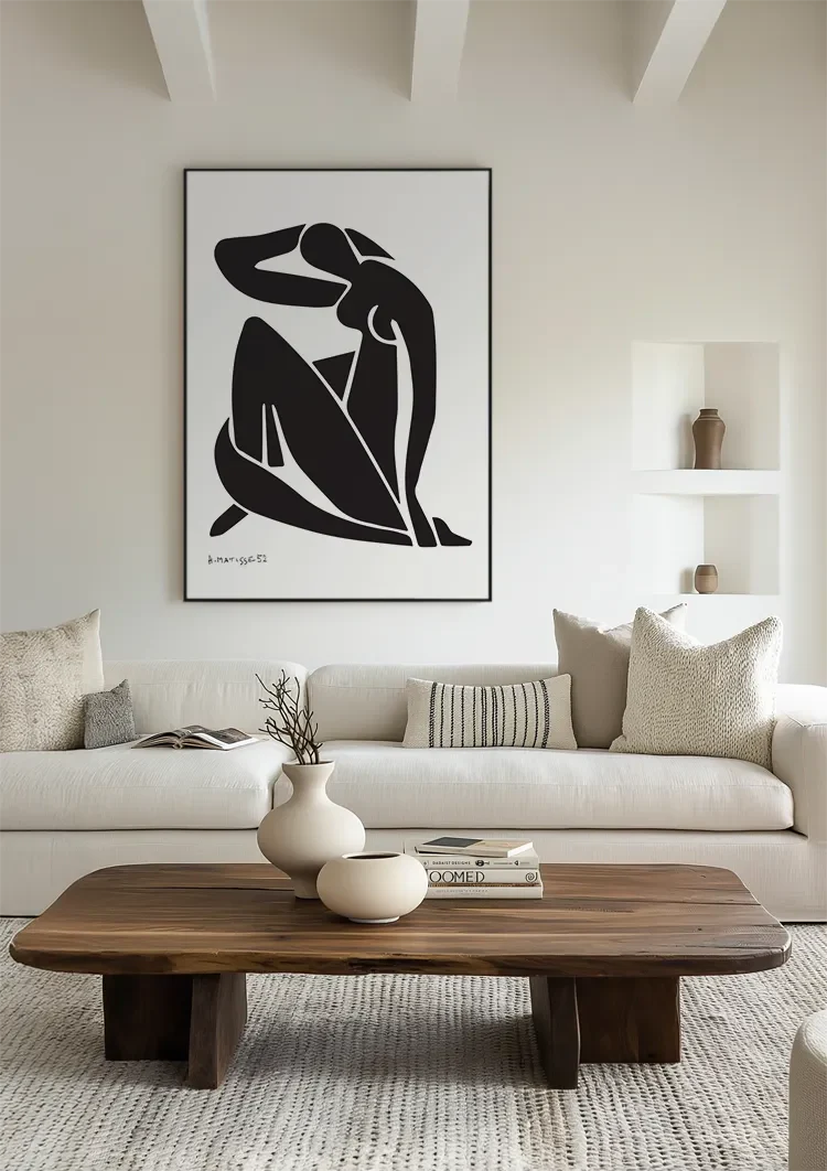 Weibliche Silhouette sitzend Schwarz Weiß Minimalistisch Elegant Gemälde