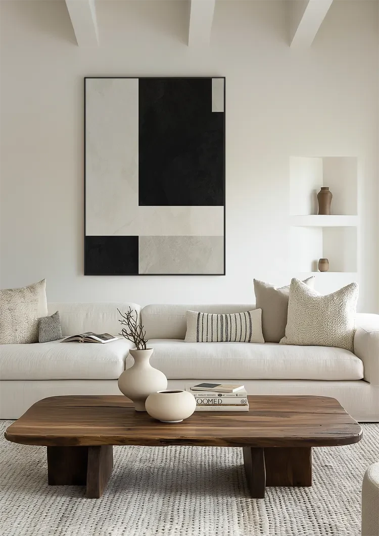 Geometrische Abstrakte Komposition Schwarz Weiß Beige Minimalistisches Gemälde