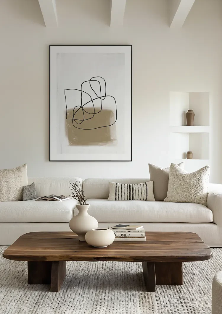 Verspielte Abstrakte Linienzeichnung Schwarz Beige Minimalistisches Gemälde