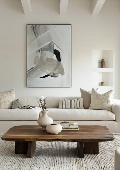 Abstracte Neutrale Penseelstreken Zwart Wit Expressionistisch Schilderij
