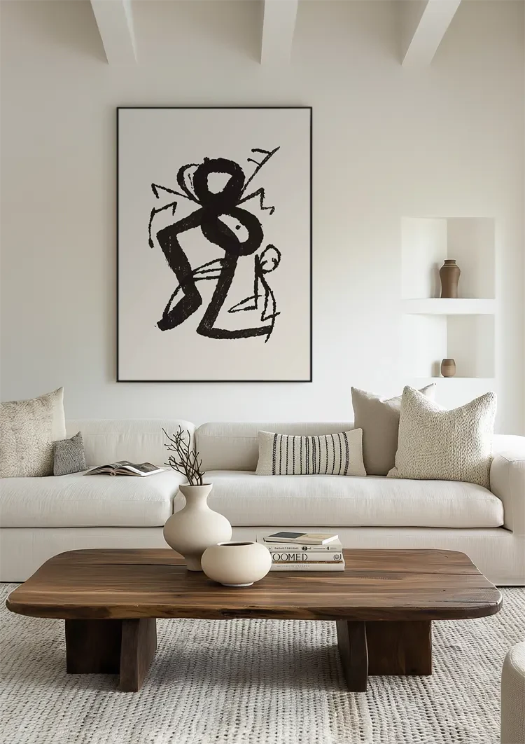 Grafische Figuren Zwarte Inkt Primitief Expressief Beige Schilderij