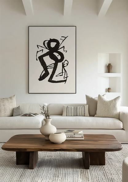 Grafische Figuren Zwarte Inkt Primitief Expressief Beige Schilderij