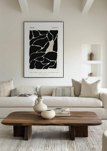 Abstrakte schwarze Felsen, weiße Linien, organisches modernes Gemälde