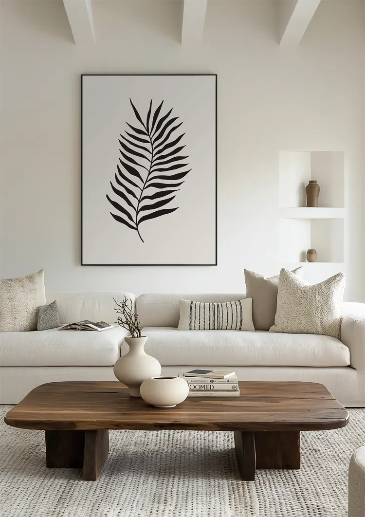 Zwart Palmblad Botanisch Minimalistisch Beige Achtergrond Schilderij