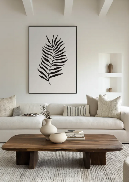 Zwart Palmblad Botanisch Minimalistisch Beige Achtergrond Schilderij