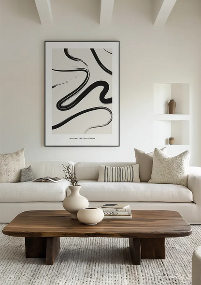 Black Flowing Lines Abstract White Modern Painting