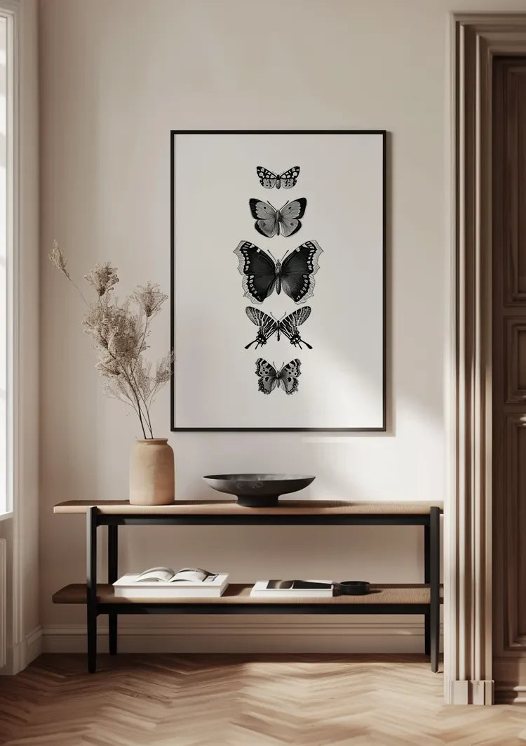 Vijf Verschillende Vlinders Verticaal Rij Zwart Wit Botanisch Natuur Schilderij