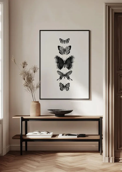 Vijf Verschillende Vlinders Verticaal Rij Zwart Wit Botanisch Natuur Schilderij