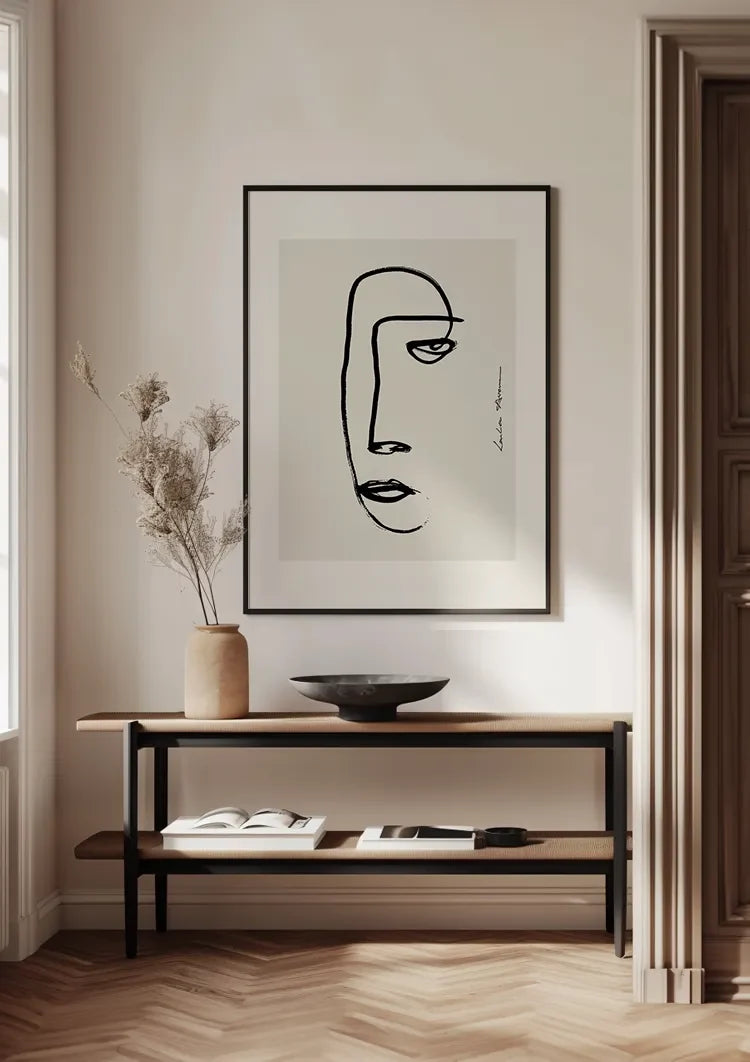 Frauengesicht Linienzeichnung Minimalistische Abstrakte Kunst Beiges Gemälde
