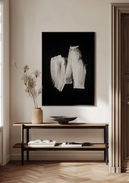 White Paint Strokes Black Abstract Expressive Gestural Art Painting