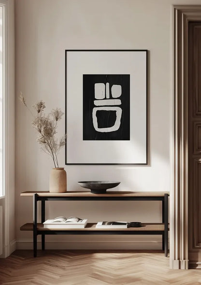 Weiße geometrische Formen, schwarzes, minimalistisches, abstraktes Kunstgemälde