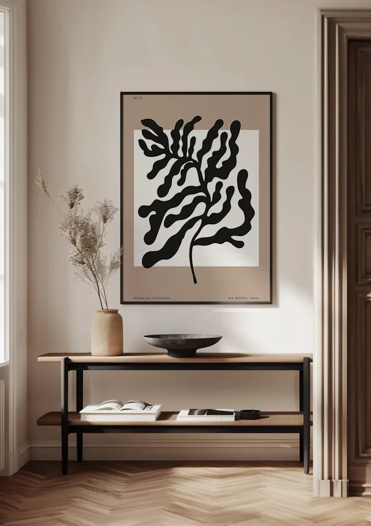 Zwarte Abstracte Bladvormen Beige Expressief Organisch Botanisch Kunst Schilderij