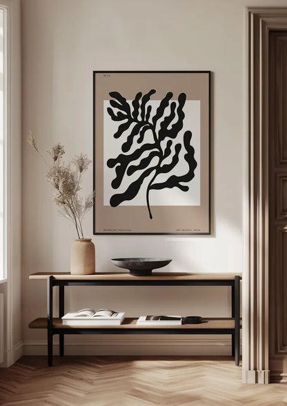 Zwarte Abstracte Bladvormen Beige Expressief Organisch Botanisch Kunst Schilderij
