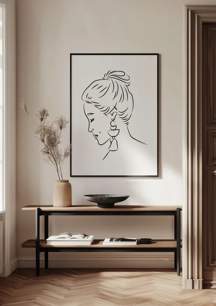 Vrouw Profiel Opgestoken Haar Oorbel Lijntekening Elegant Portret Schilderij